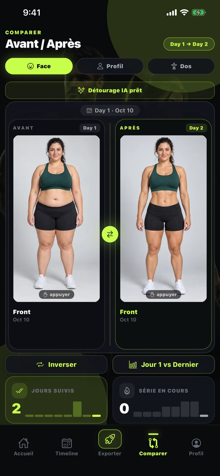 Écran complet de comparaison avant/après FitFrame