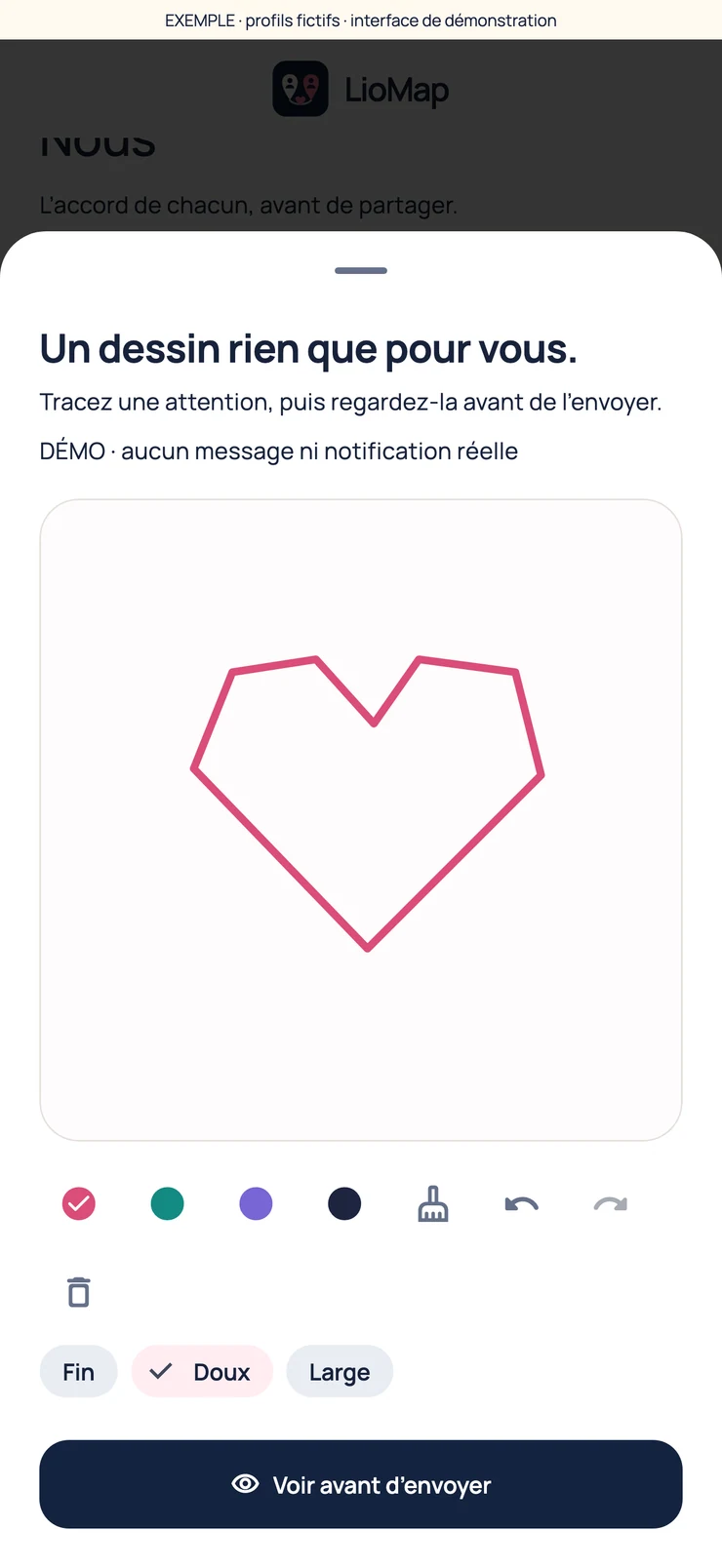Écran complet de dessin LioMap avec profils fictifs