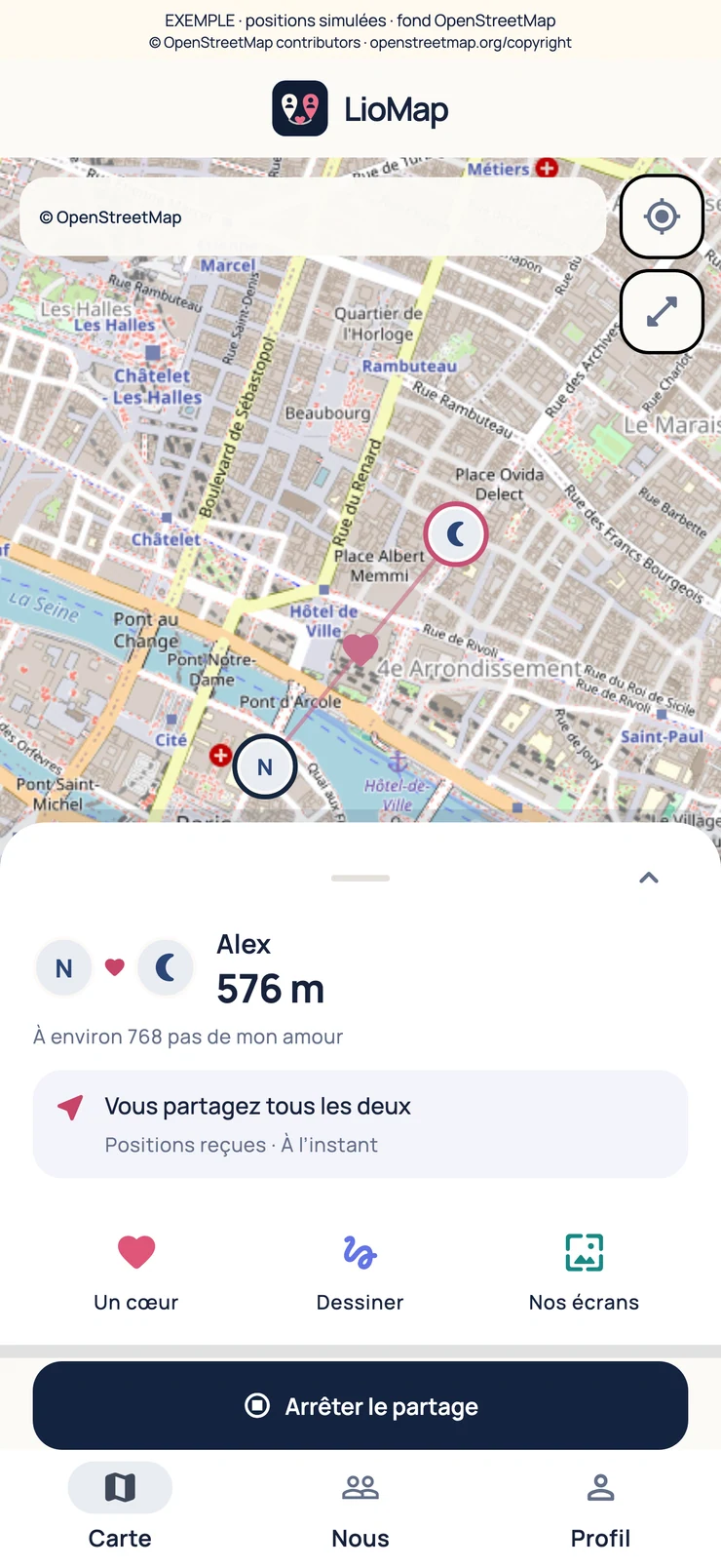 Carte LioMap avec positions simulées et attribution OpenStreetMap