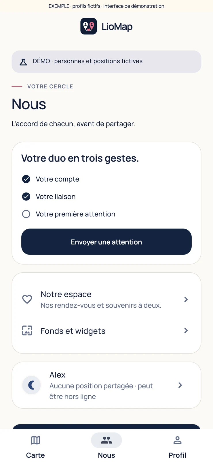 Écran Nous complet de LioMap avec profils fictifs