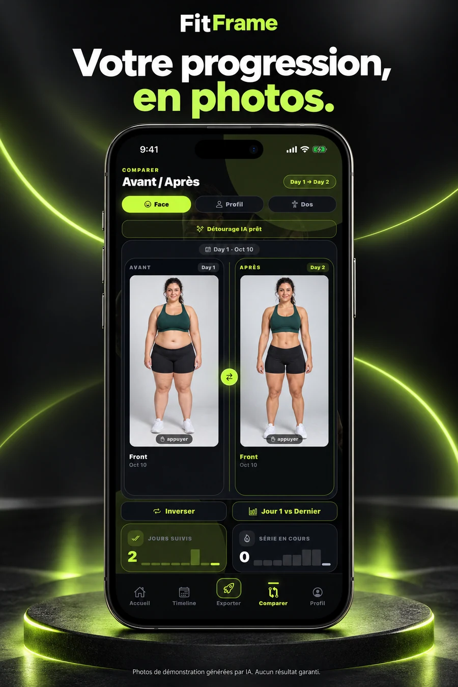 Visuel promotionnel FitFrame en français : comparaison avant et après avec des photos de démonstration.