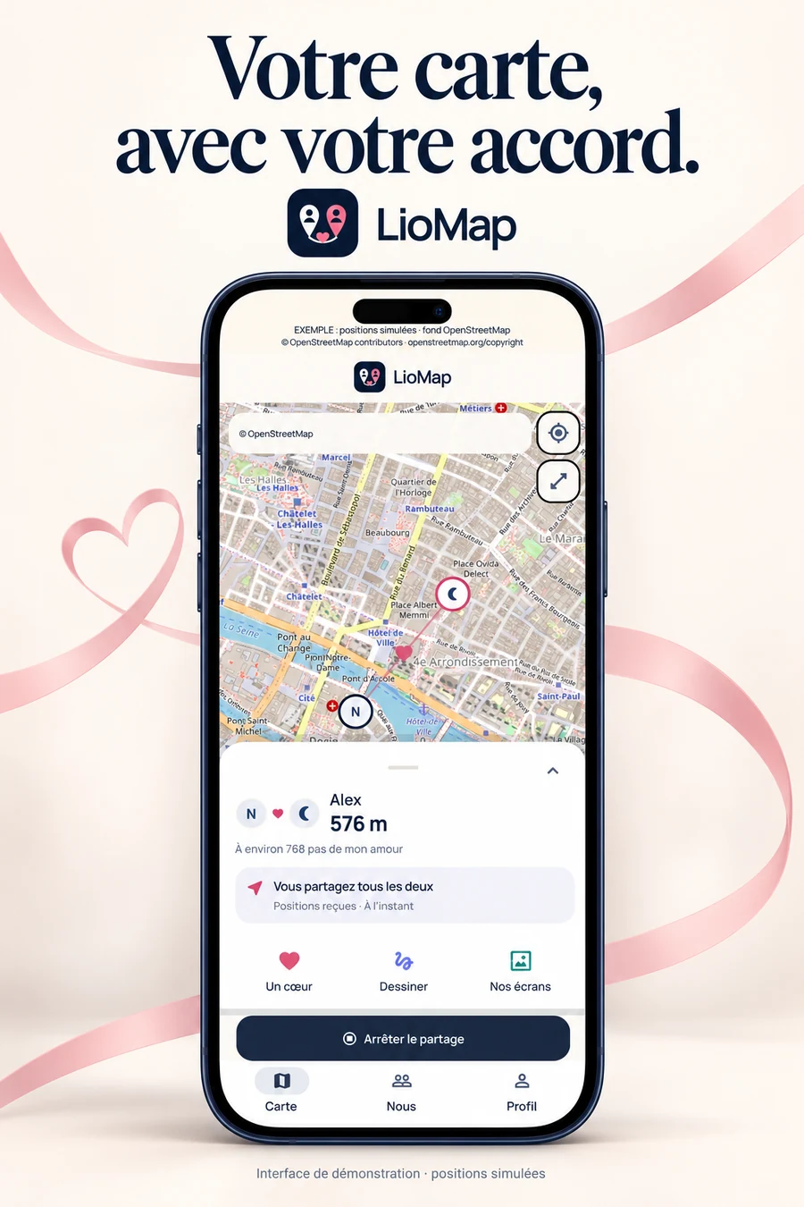 Visuel promotionnel LioMap en français : carte de démonstration et partage choisi.